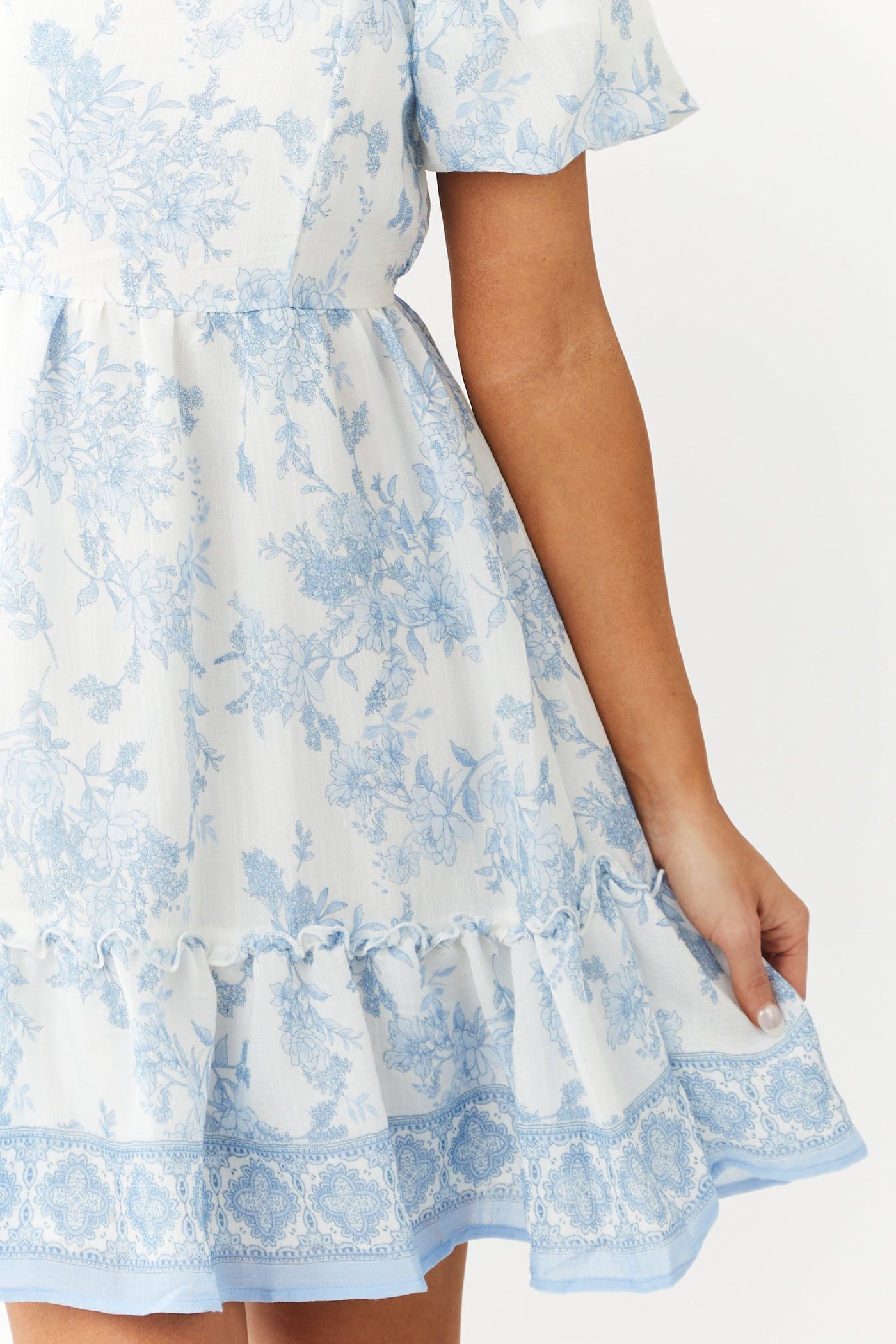 White Floral Print Puff Sleeve Mini Dress