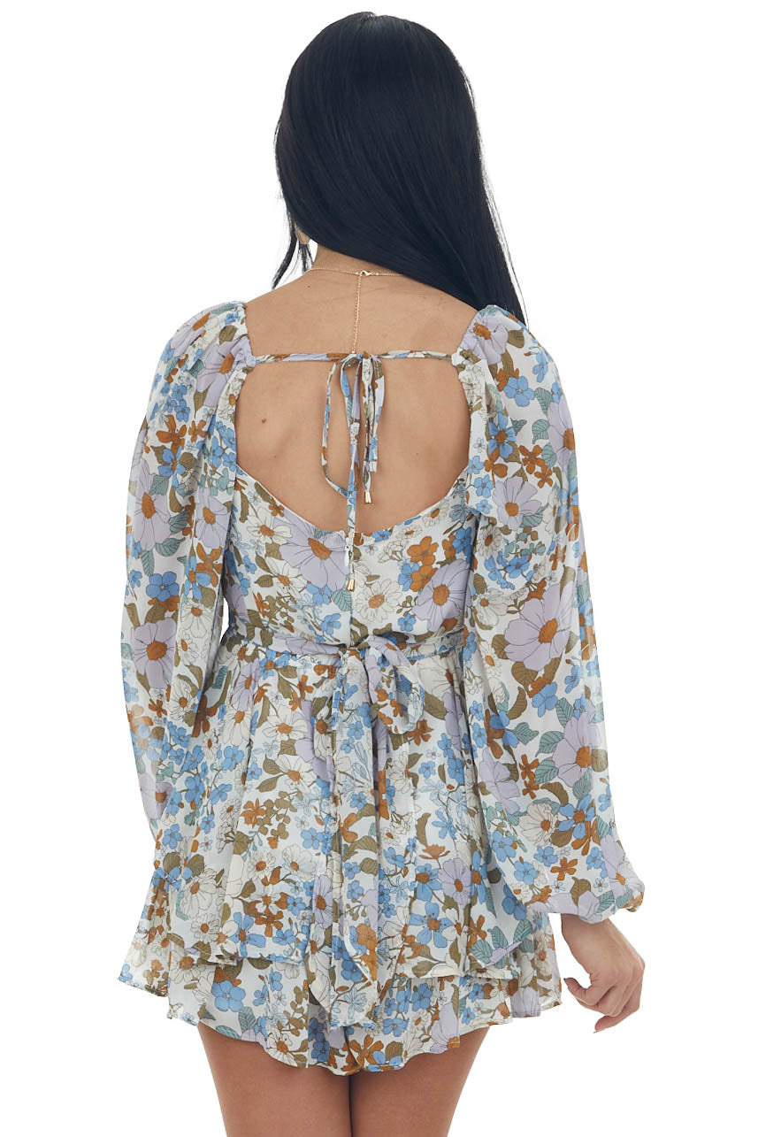White Floral Print Ruffle Overlay Romper