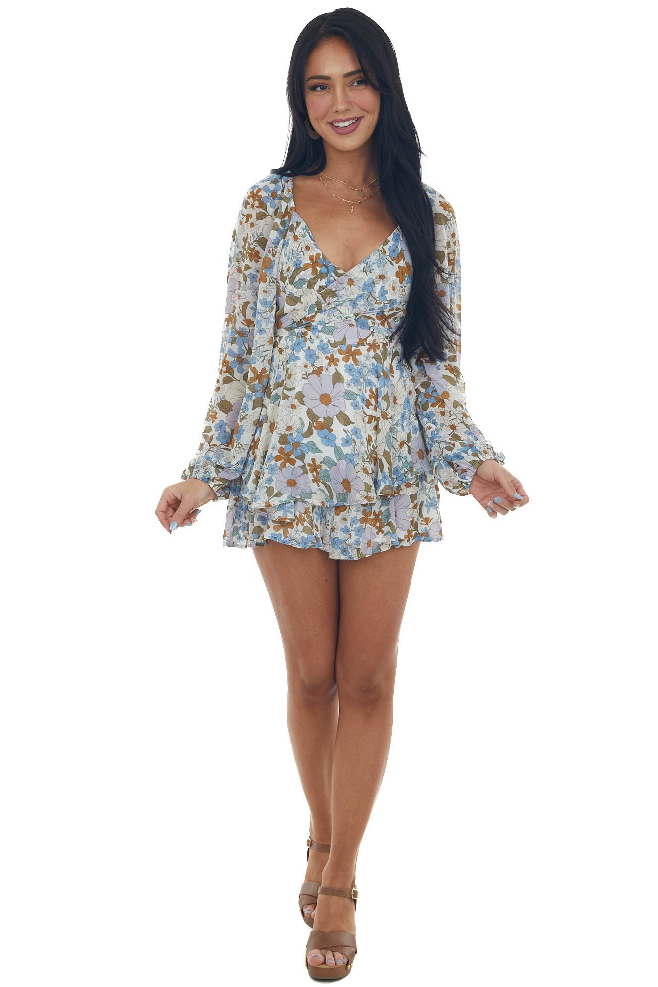 White Floral Print Ruffle Overlay Romper