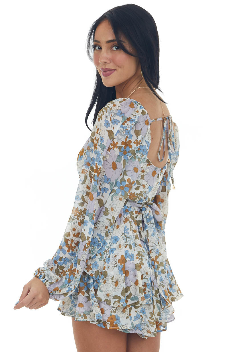 White Floral Print Ruffle Overlay Romper