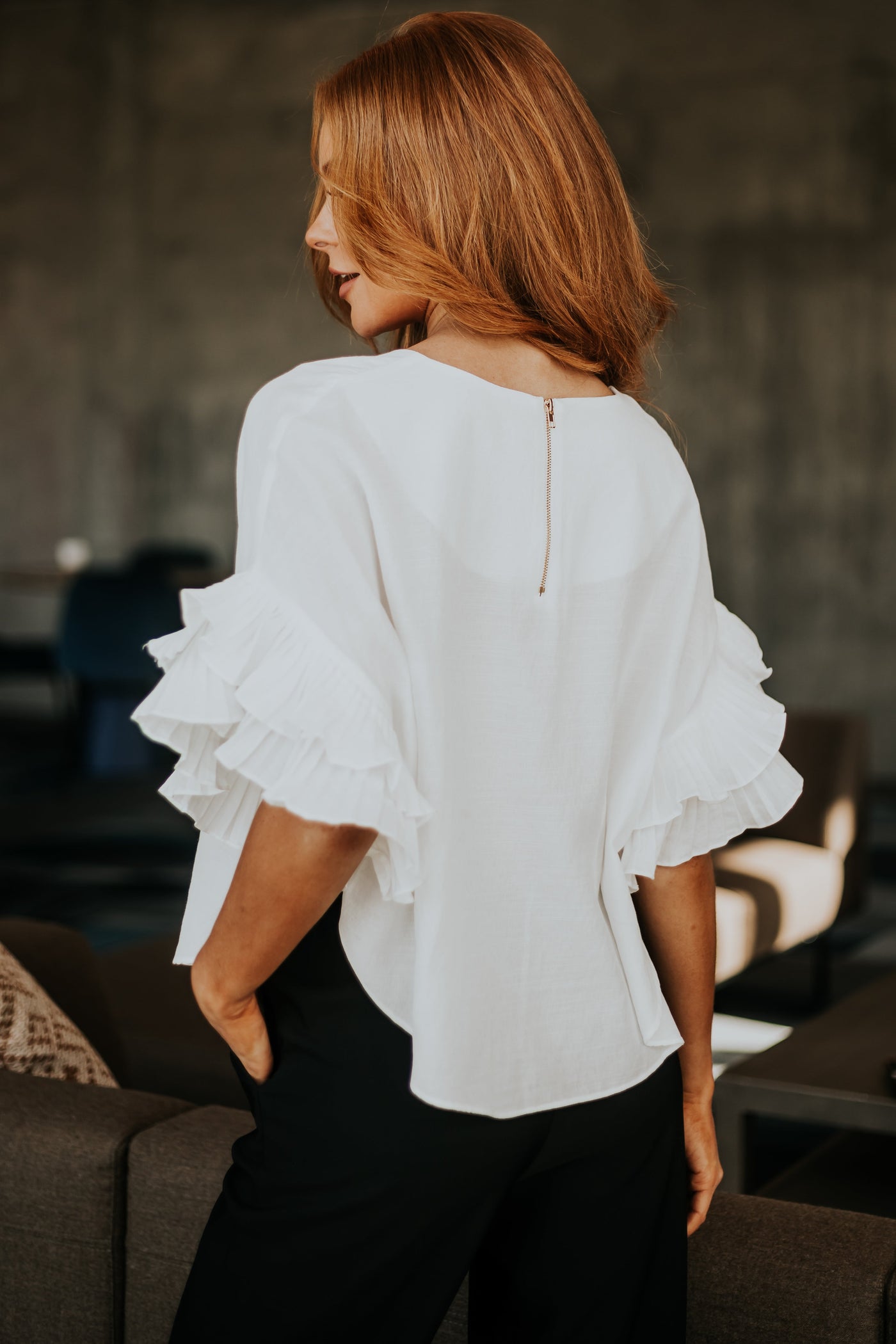 White Layered Ruffle Sleeve Woven Top