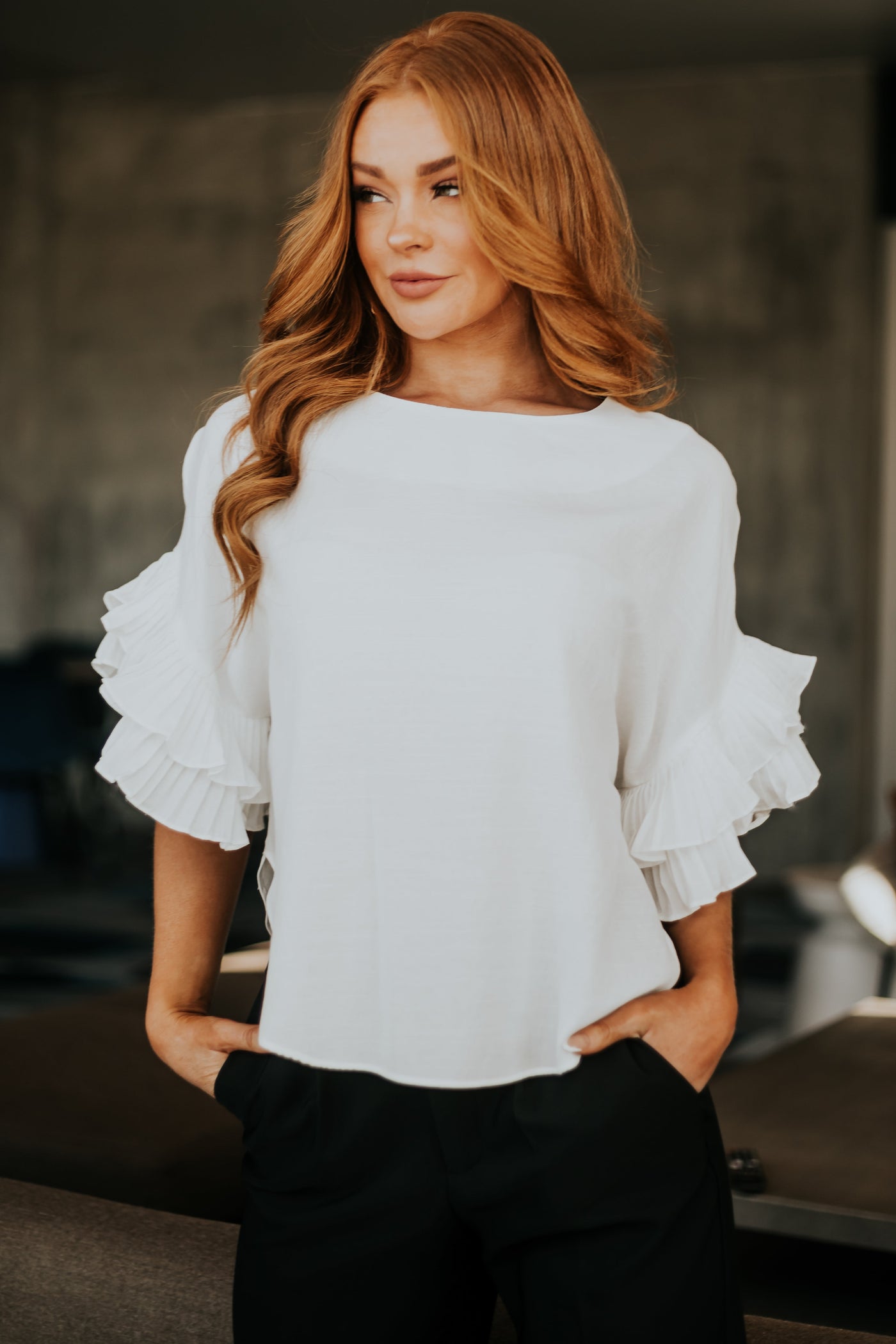 White Layered Ruffle Sleeve Woven Top
