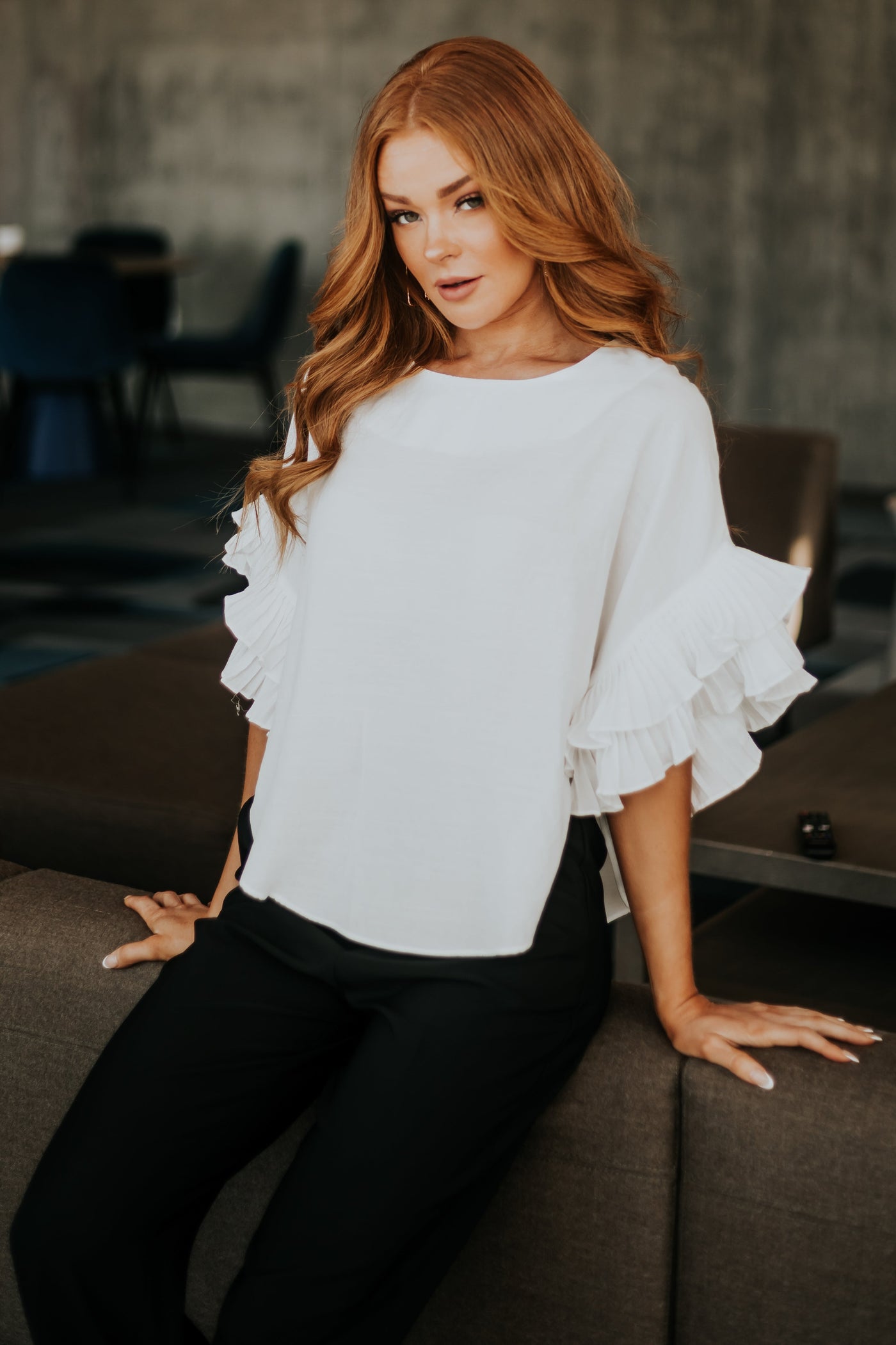 White Layered Ruffle Sleeve Woven Top