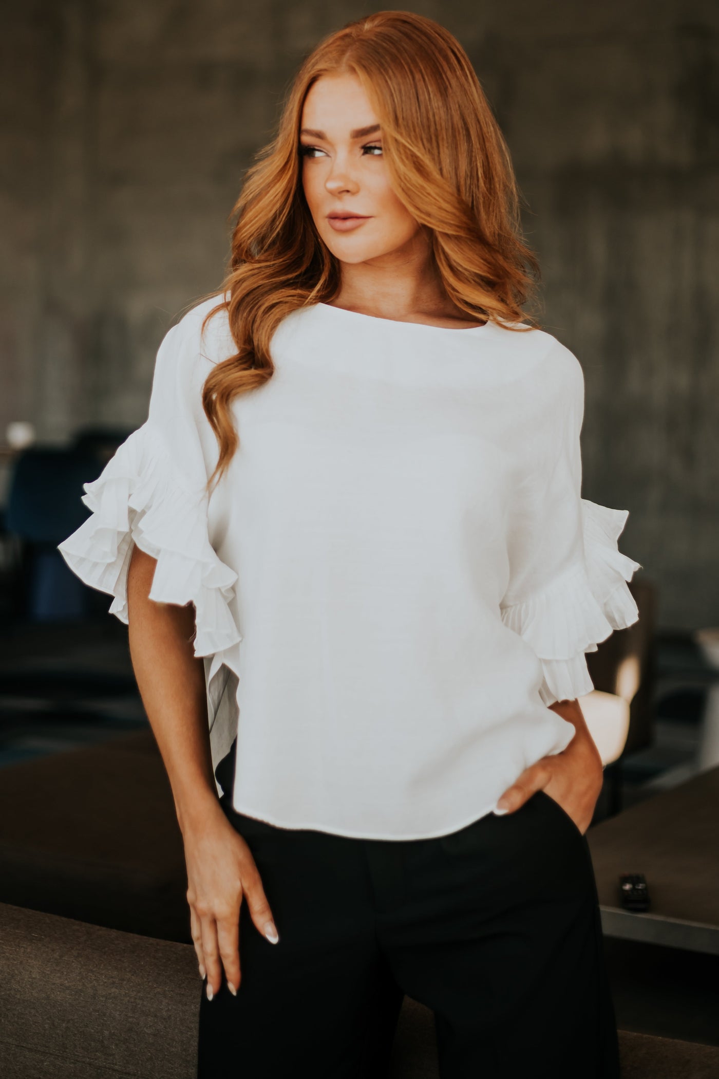 White Layered Ruffle Sleeve Woven Top