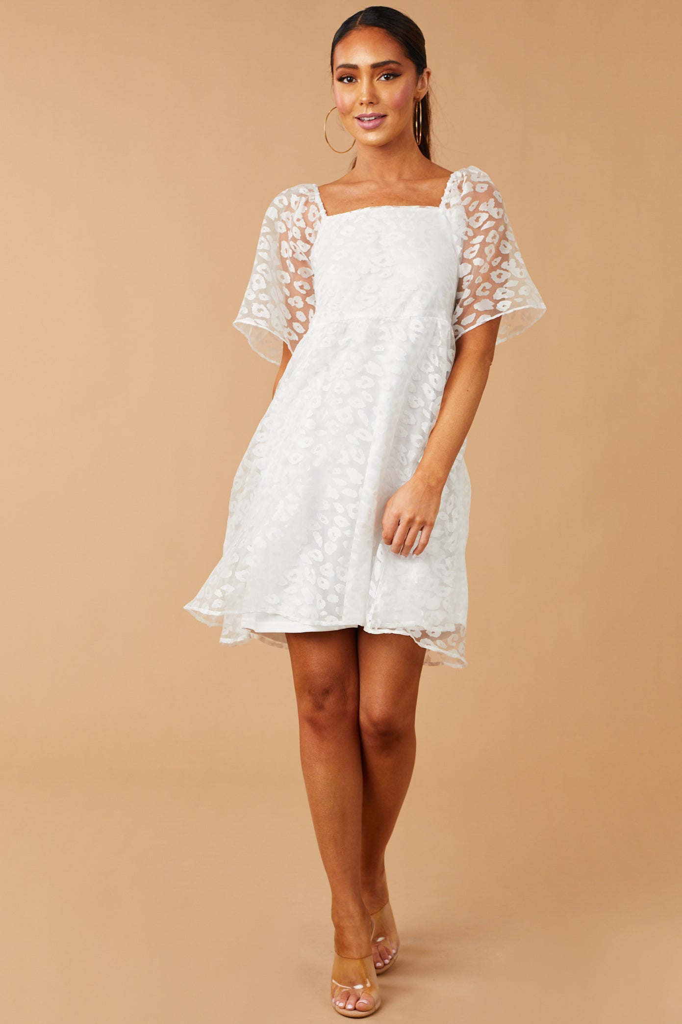 White Leopard Print Short Sleeve Mini Dress