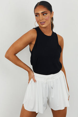 White Lined Flowy Knit Drawstring Shorts