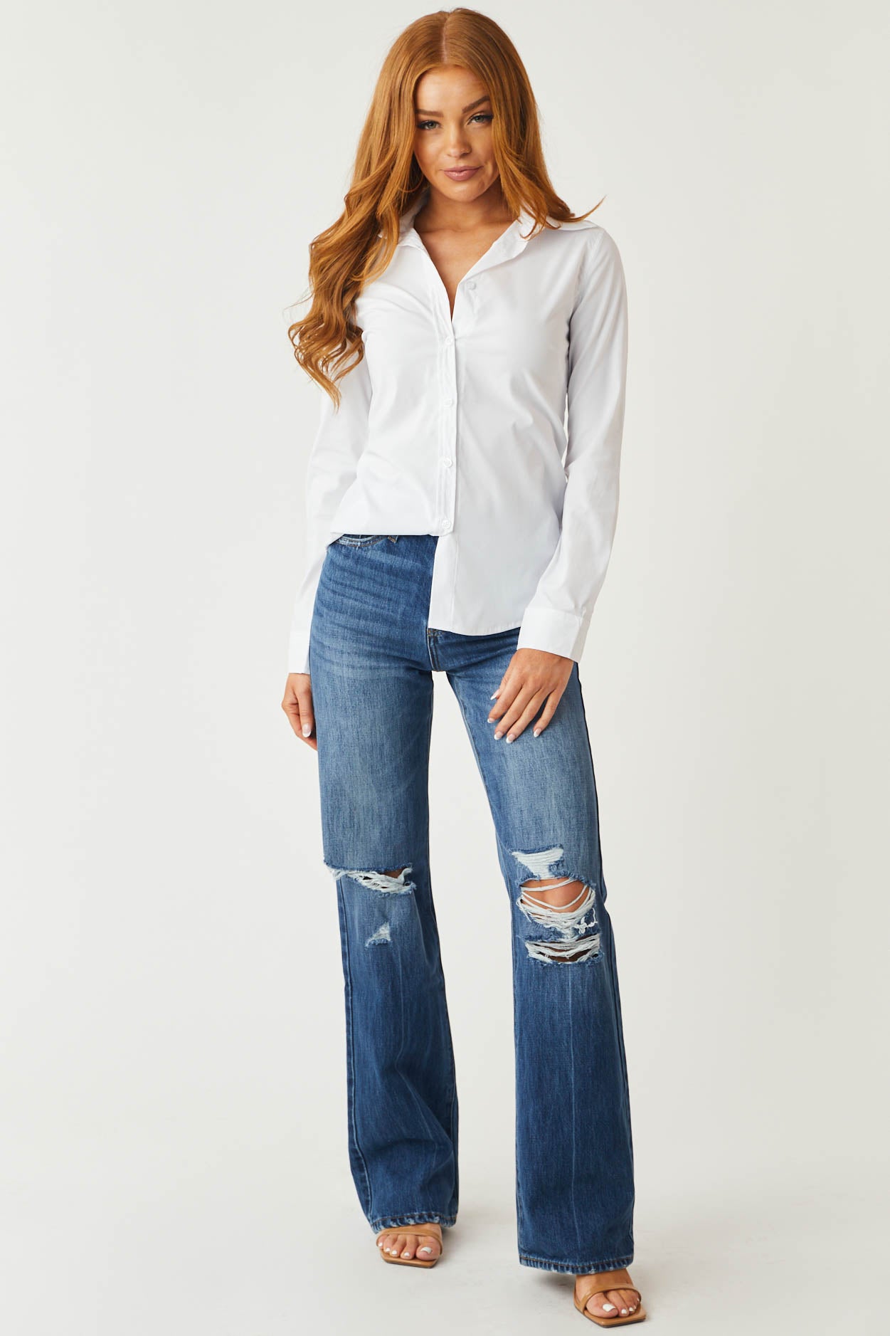 White Long Sleeve Collared Button Up Top