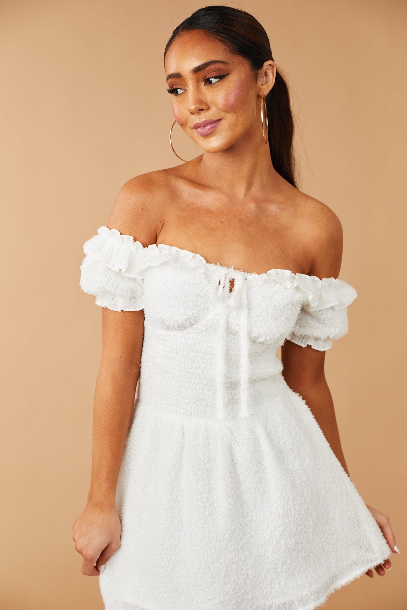 White Off Shoulder Smocked Fuzzy Mini Dress