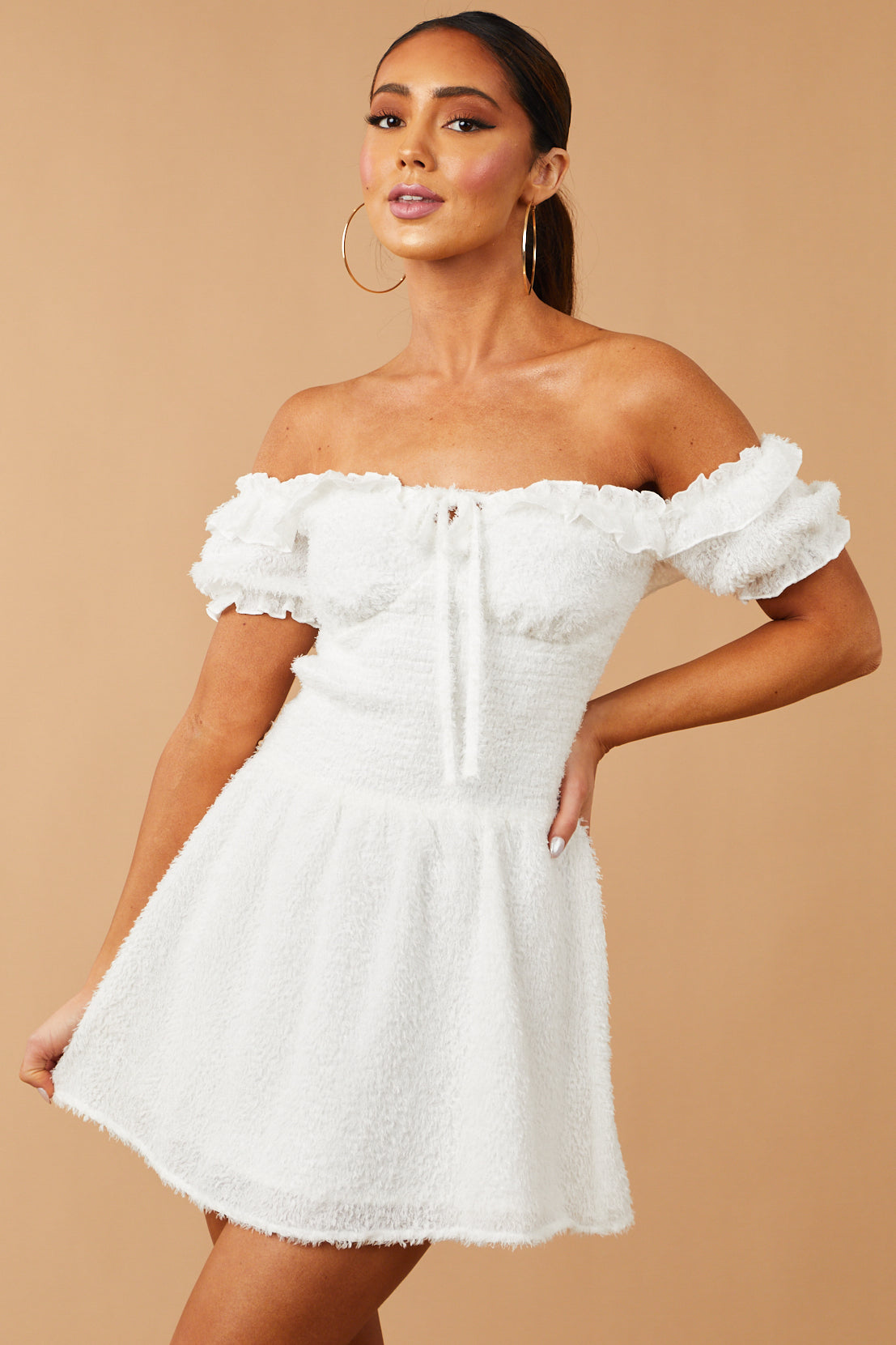White Off Shoulder Smocked Fuzzy Mini Dress