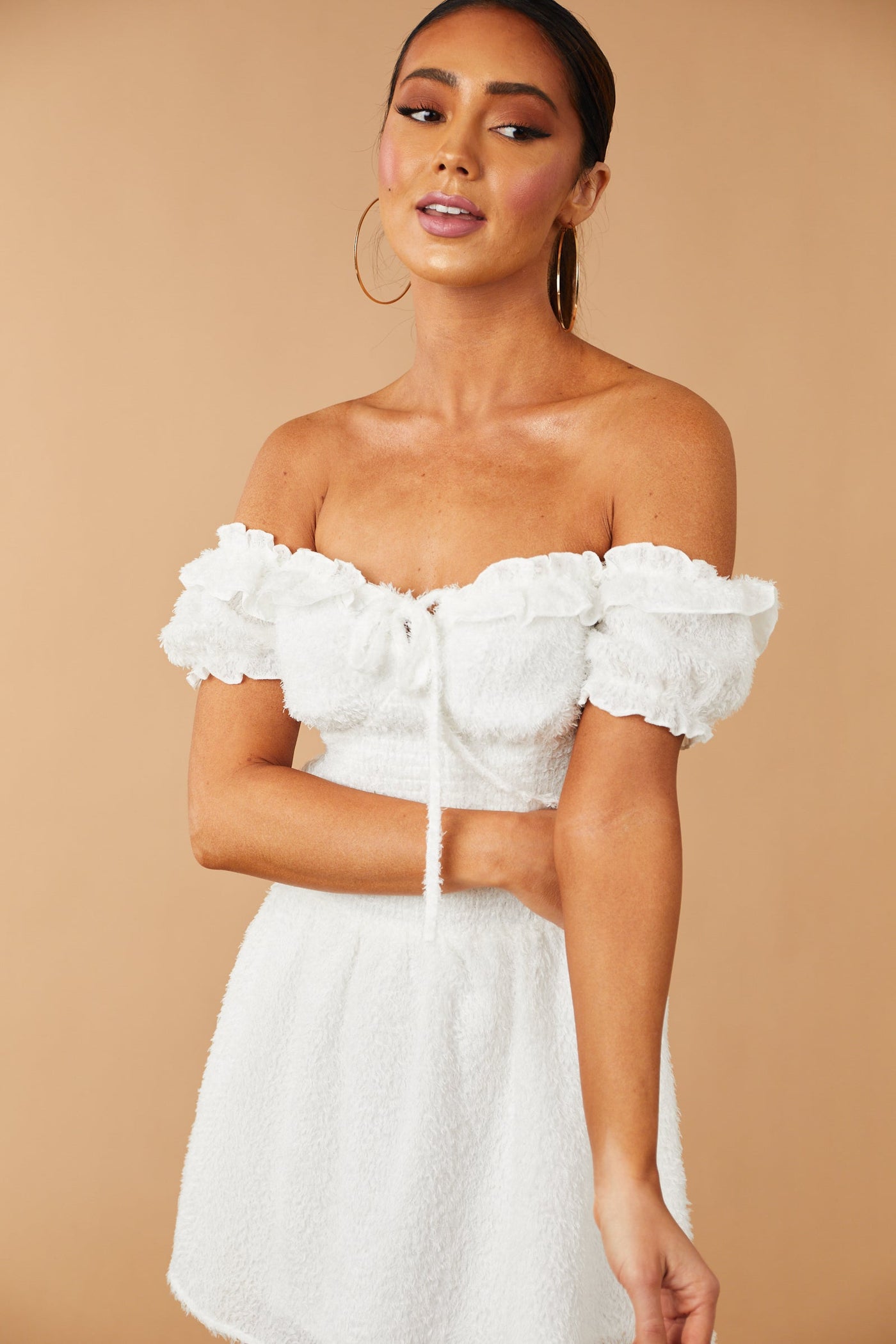 White Off Shoulder Smocked Fuzzy Mini Dress