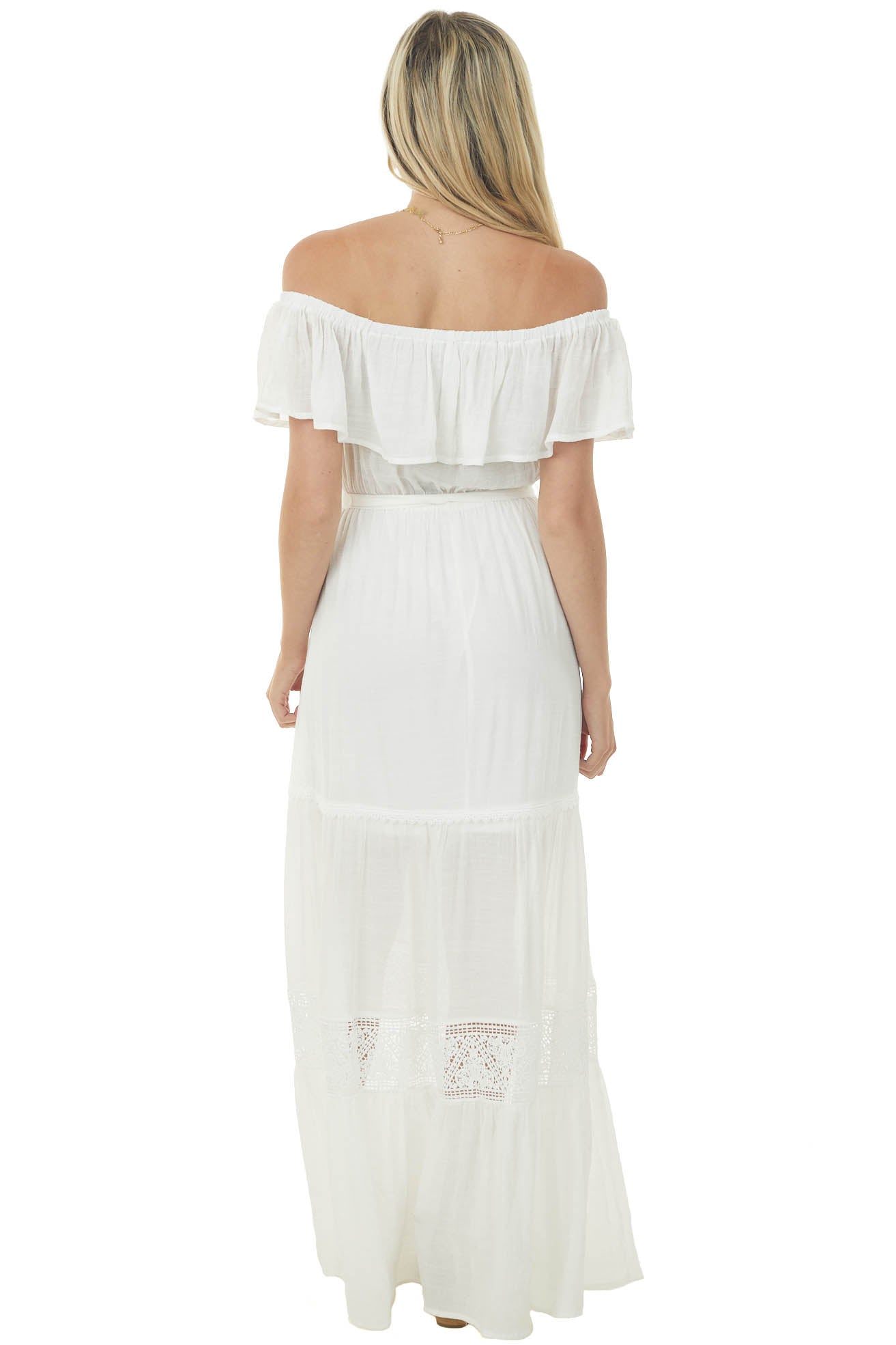 White Off the Shoulder Waist Tie Tiered Maxi Dress