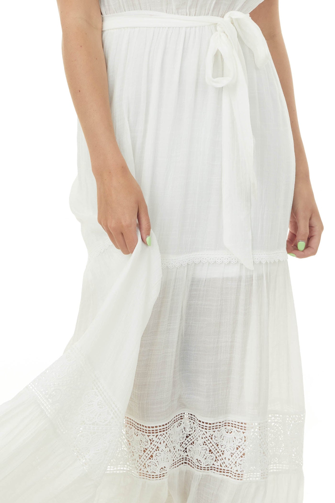 White Off the Shoulder Waist Tie Tiered Maxi Dress