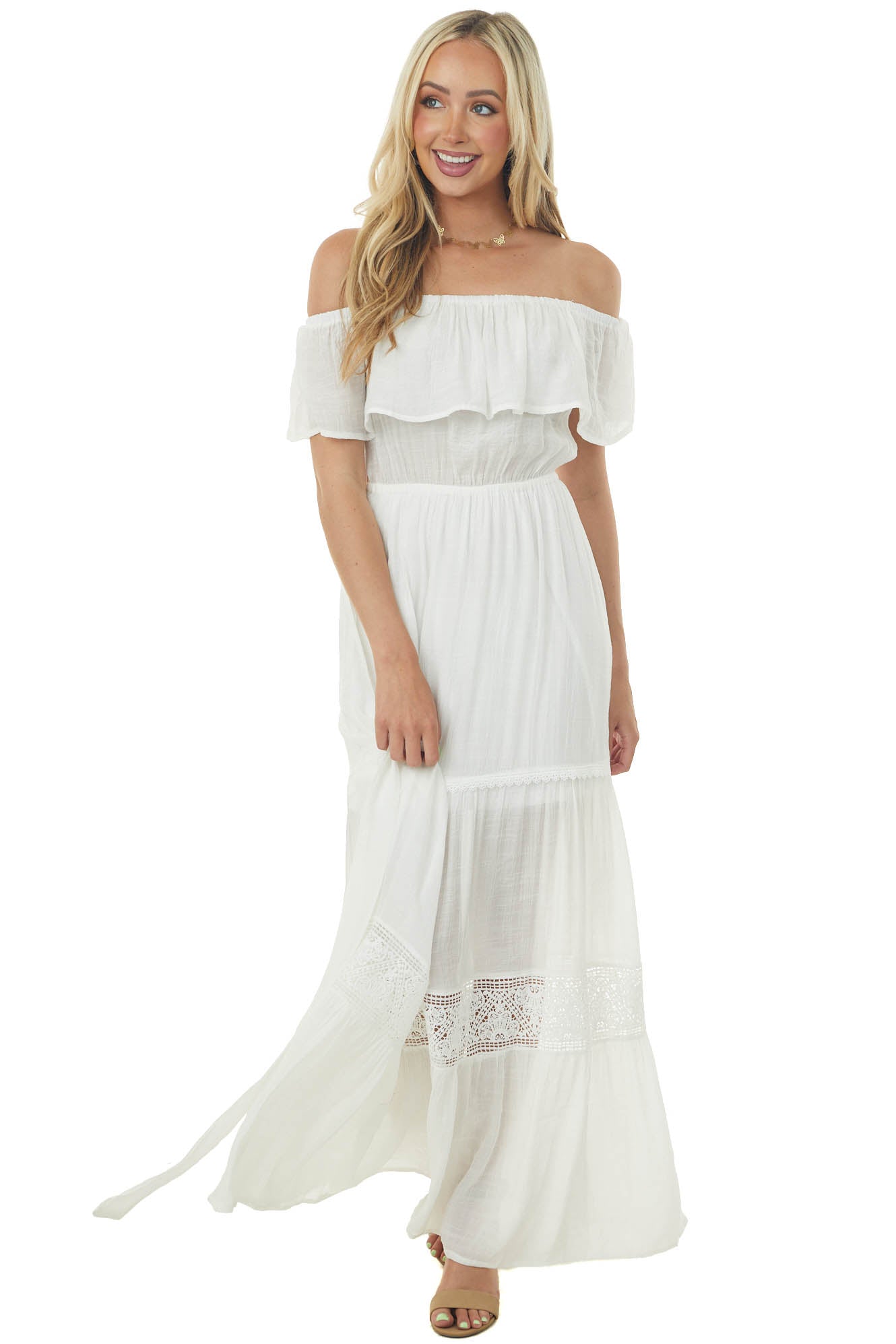White Off the Shoulder Waist Tie Tiered Maxi Dress