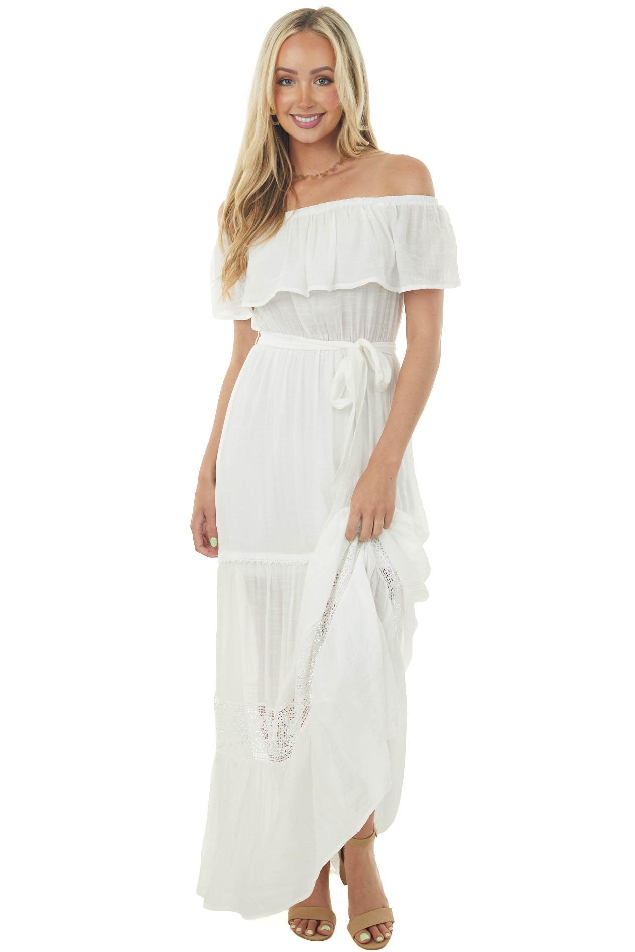 White Off the Shoulder Waist Tie Tiered Maxi Dress