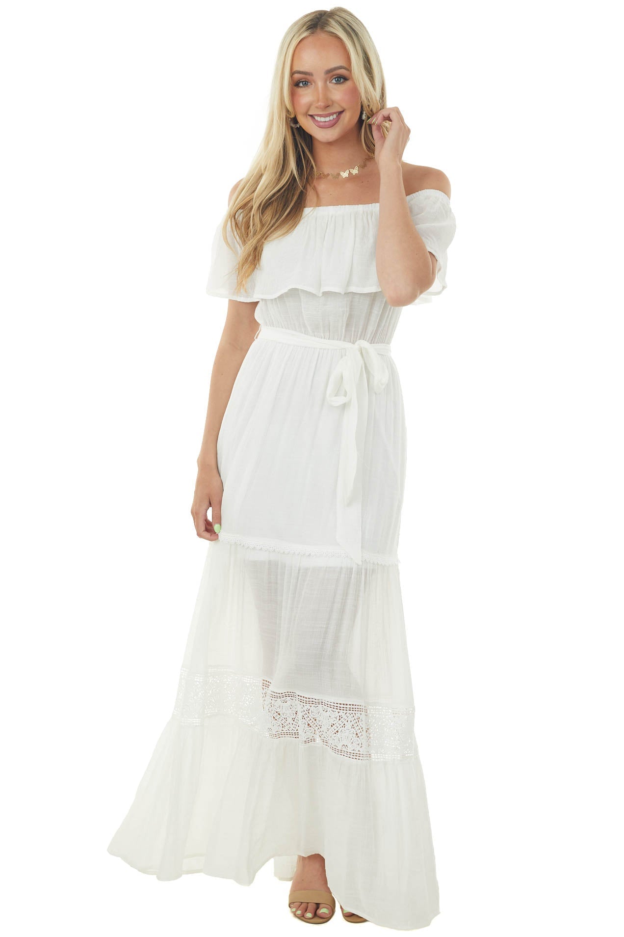 White Off the Shoulder Waist Tie Tiered Maxi Dress
