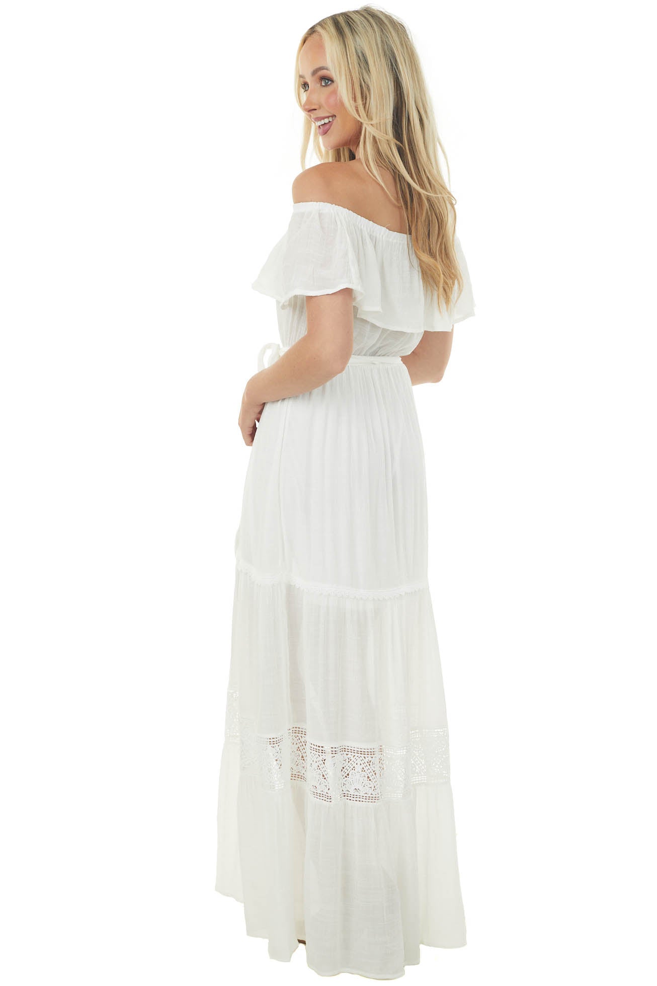 White Off the Shoulder Waist Tie Tiered Maxi Dress