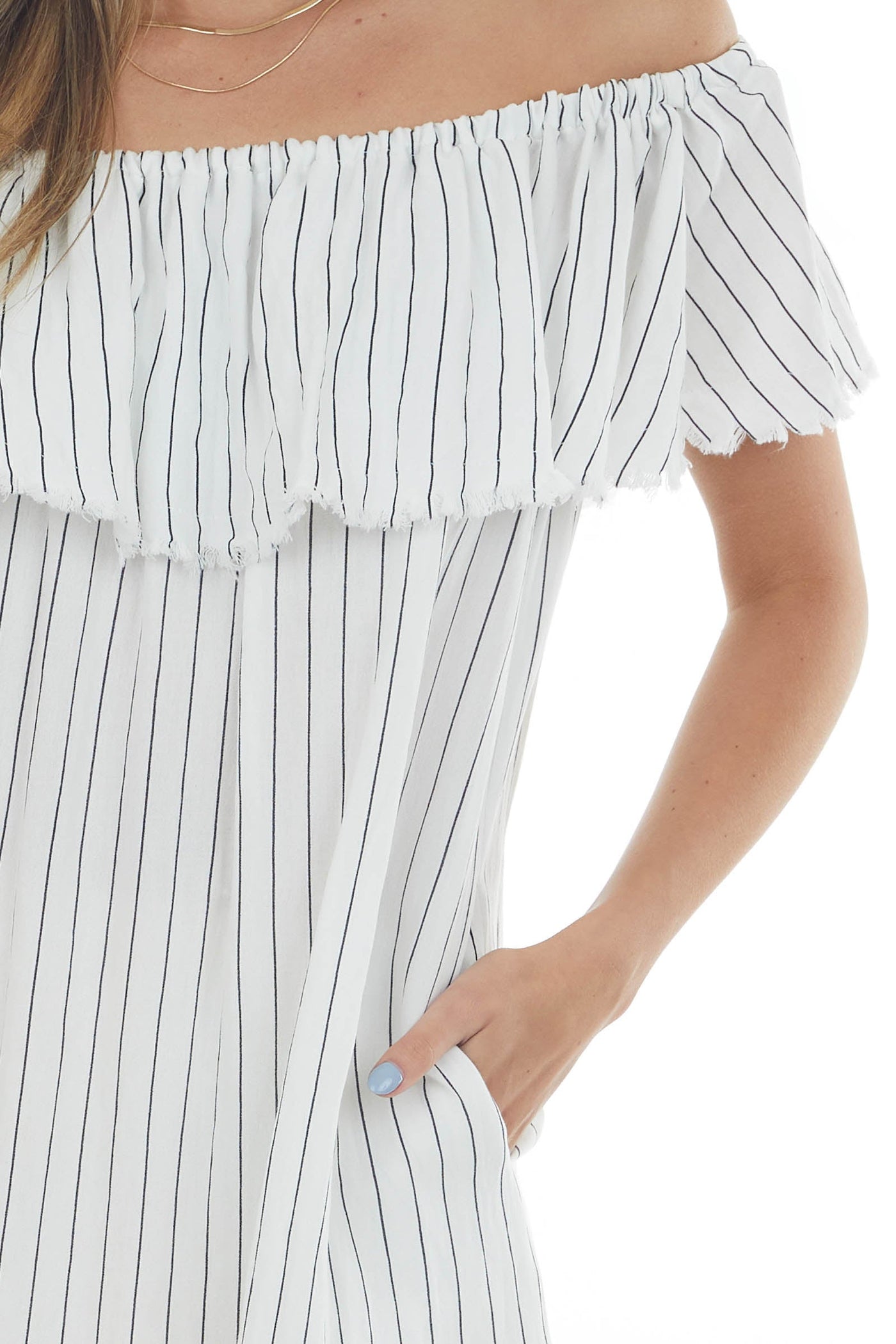 White Pinstripe Frayed Ruffle Dress