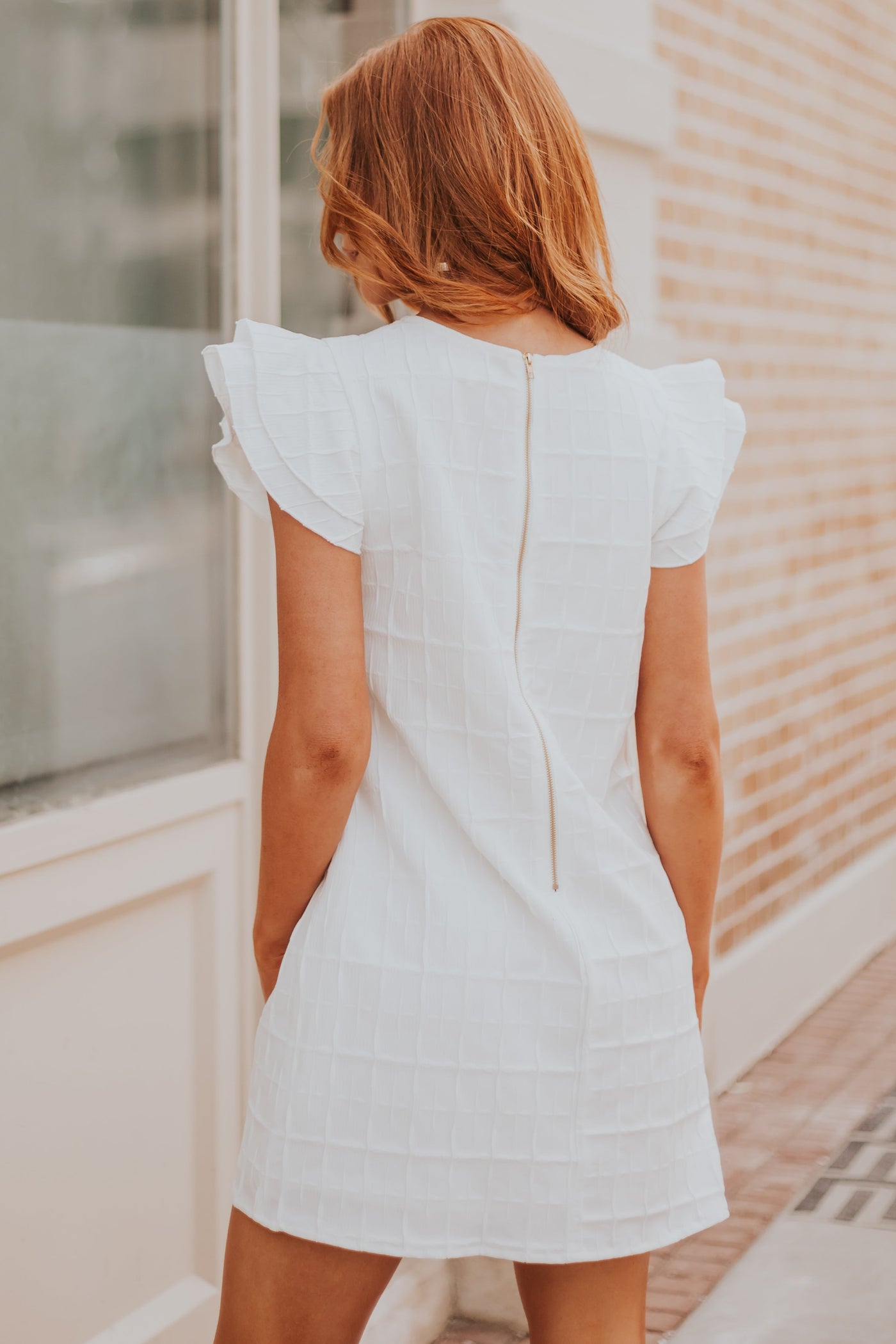 White Plaid Textured Tiered Sleeve Shift Dress