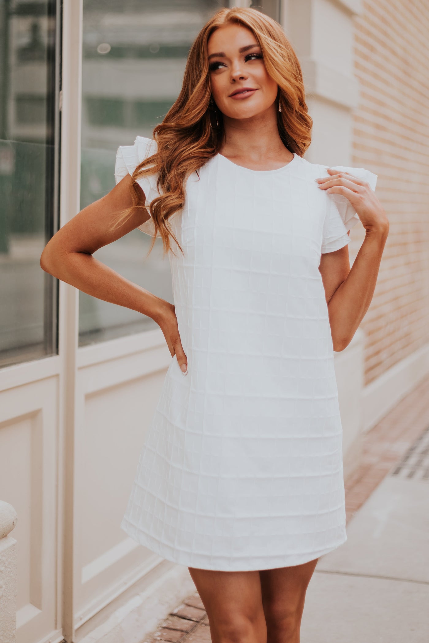 White Plaid Textured Tiered Sleeve Shift Dress
