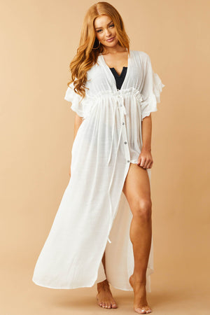 White Plunging V Neck Cover Up Maxi Dress