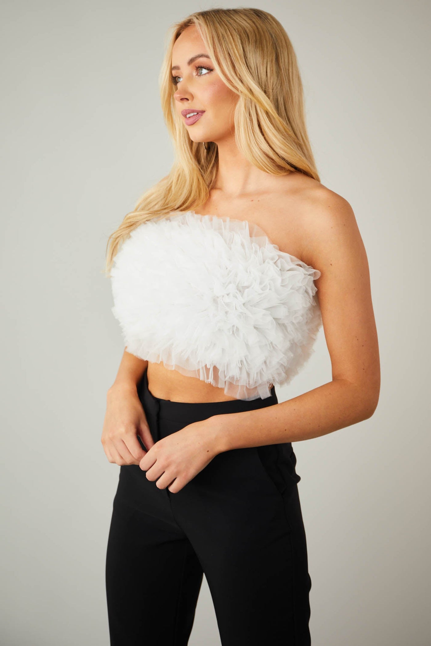 White Ruffled Tulle Strapless Cropped Top