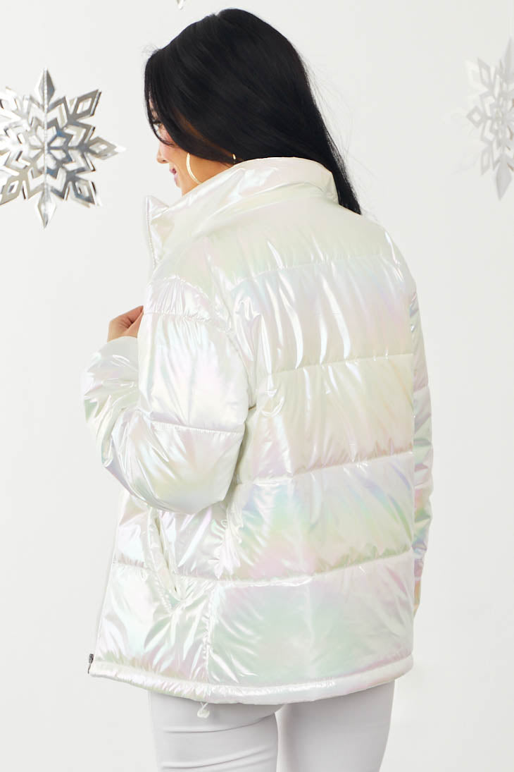 White Shiny Iridescent Funnel Neck Puffer Coat
