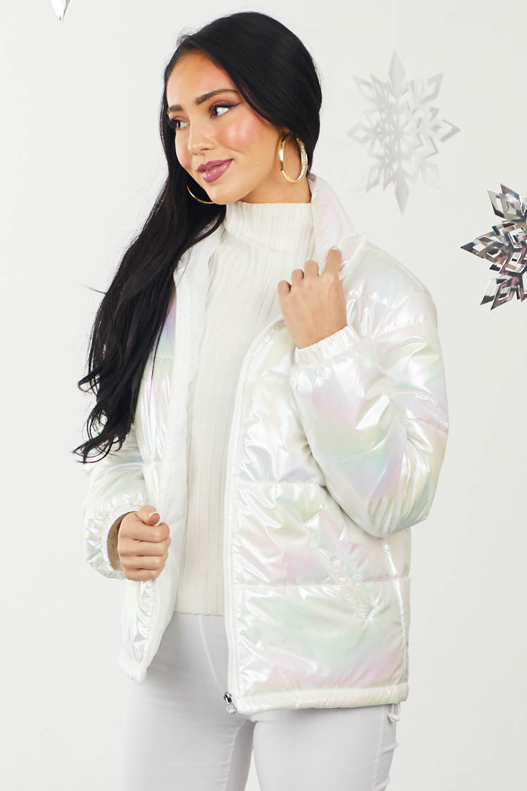 White Shiny Iridescent Funnel Neck Puffer Coat