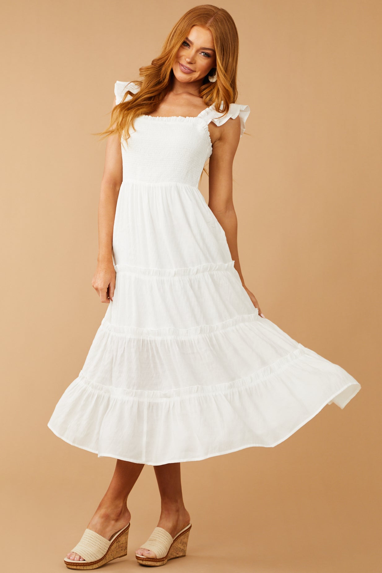 White Smocked Tiered Ruffle Strap Midi Dress