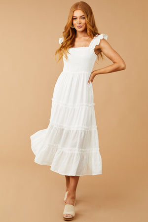 White Smocked Tiered Ruffle Strap Midi Dress