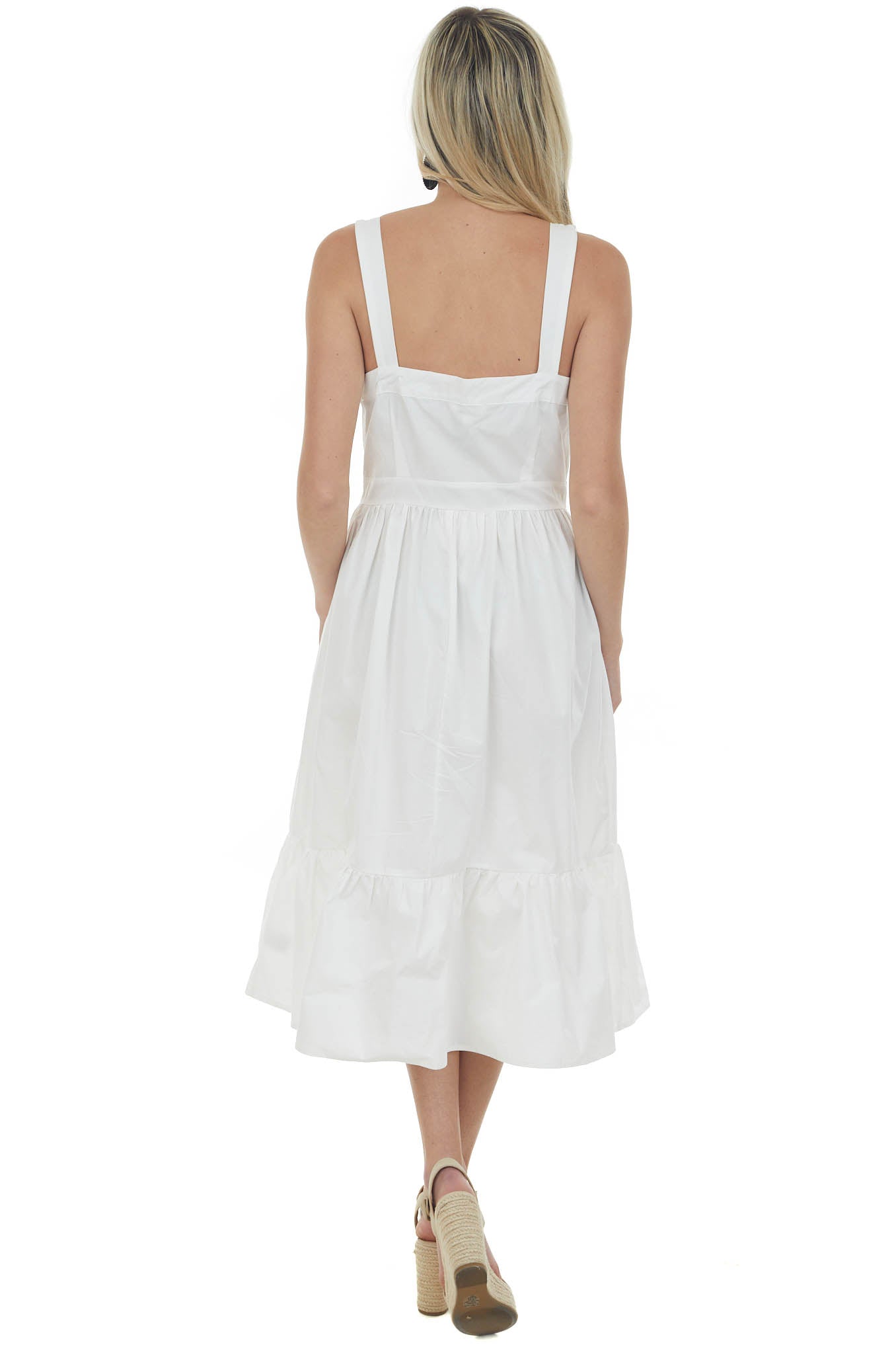 White Square Neck Sleeveless Poplin Midi Dress