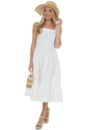 White Square Neck Sleeveless Poplin Midi Dress