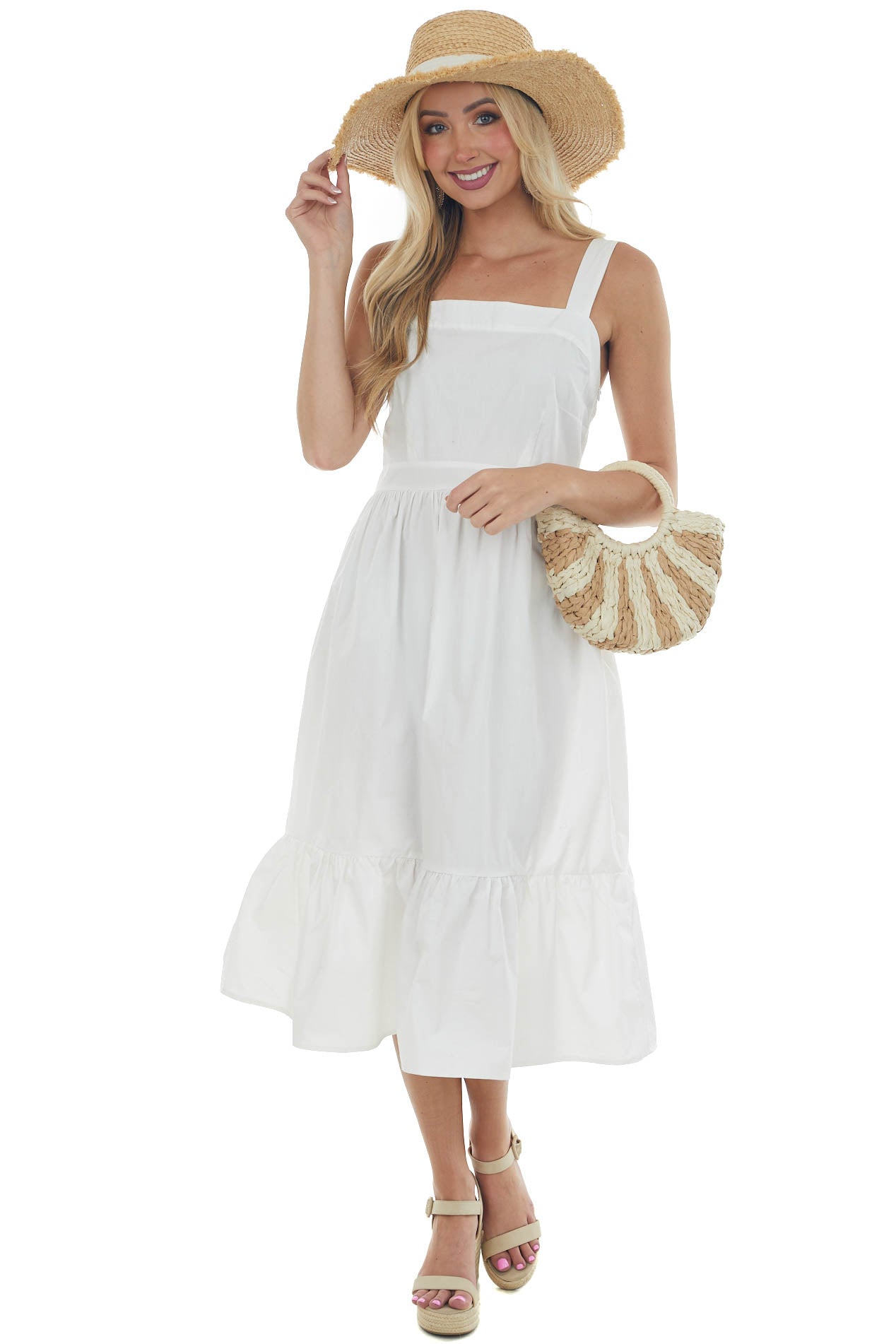 White Square Neck Sleeveless Poplin Midi Dress