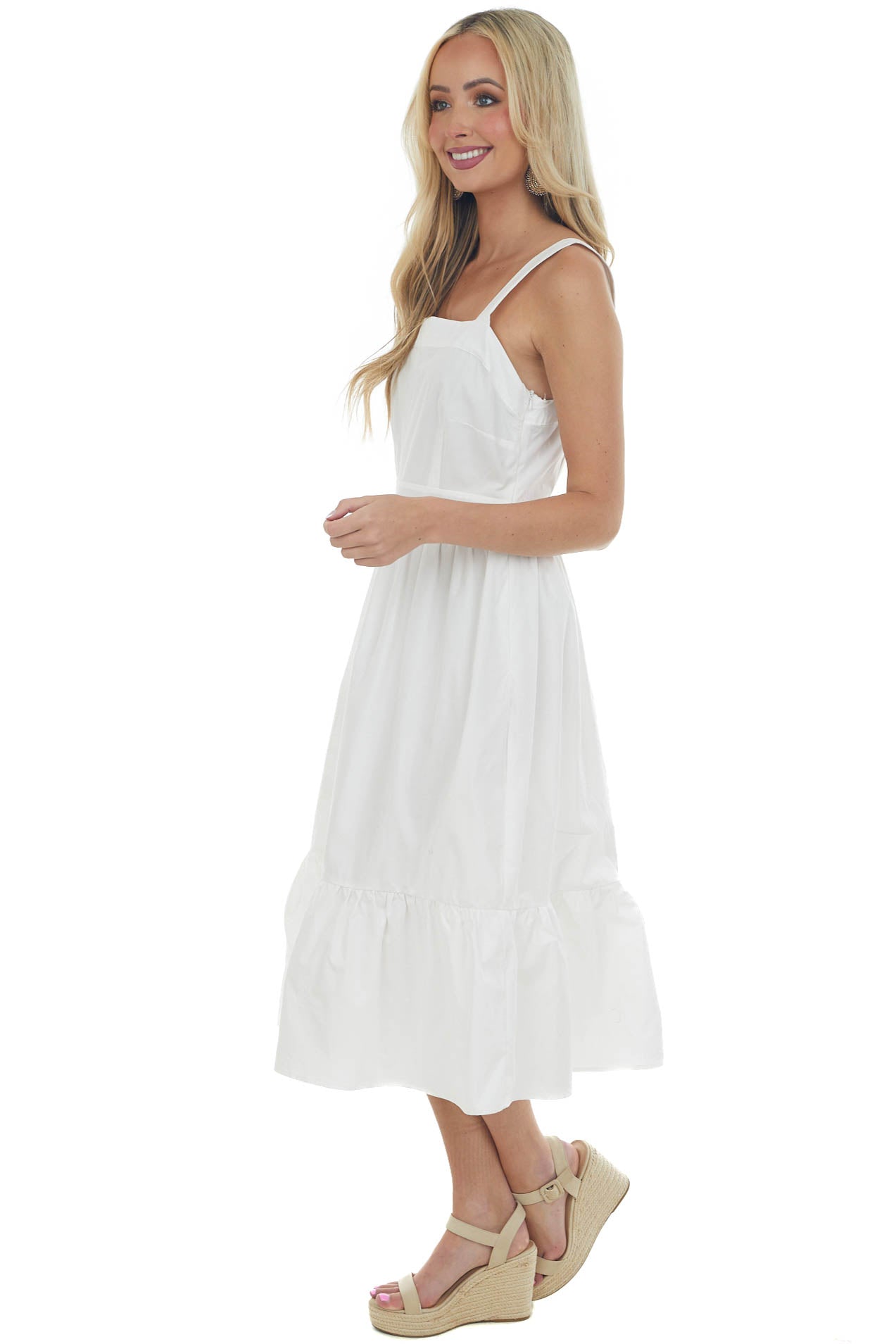White Square Neck Sleeveless Poplin Midi Dress
