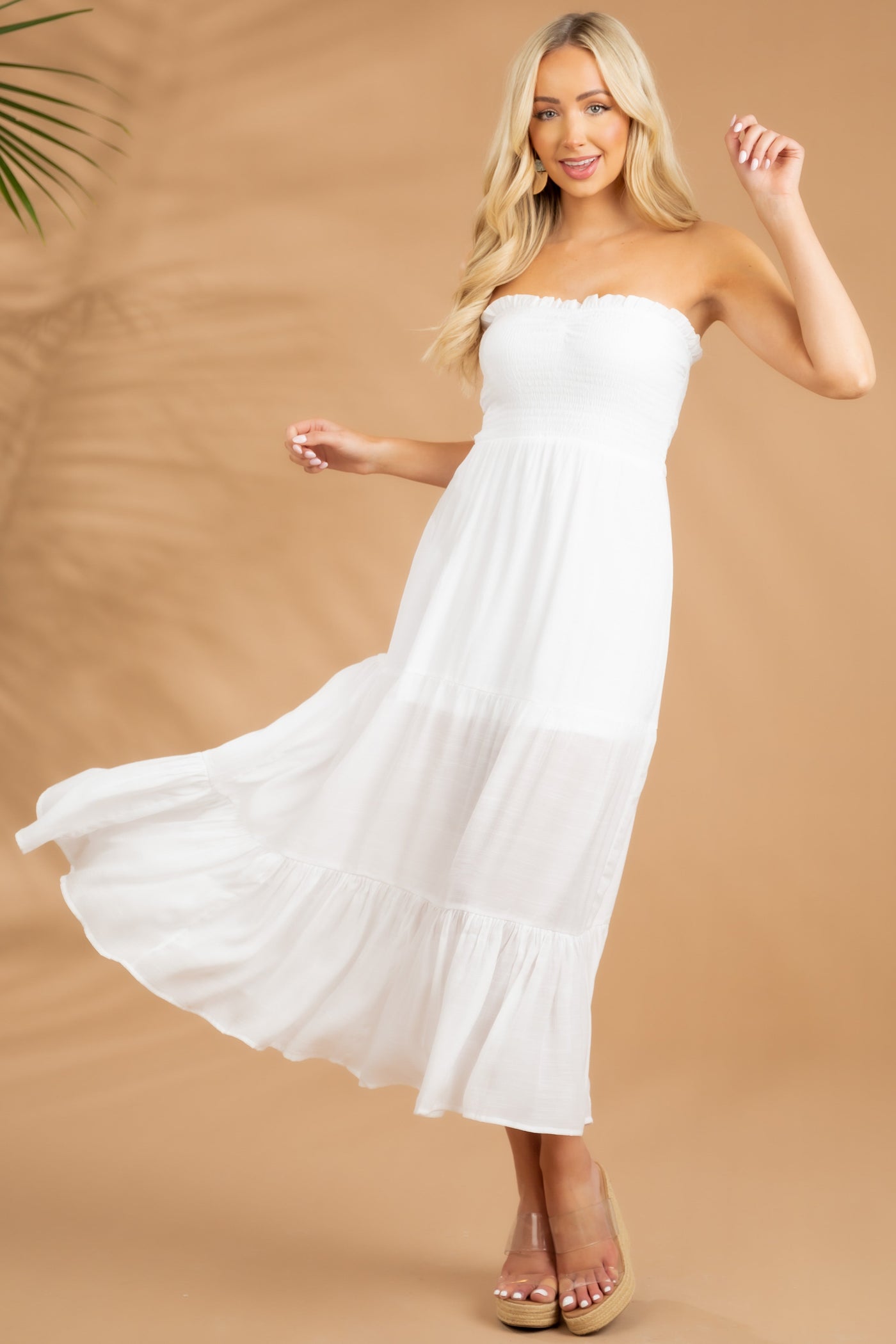 White Strapless Smocked Tiered Maxi Dress