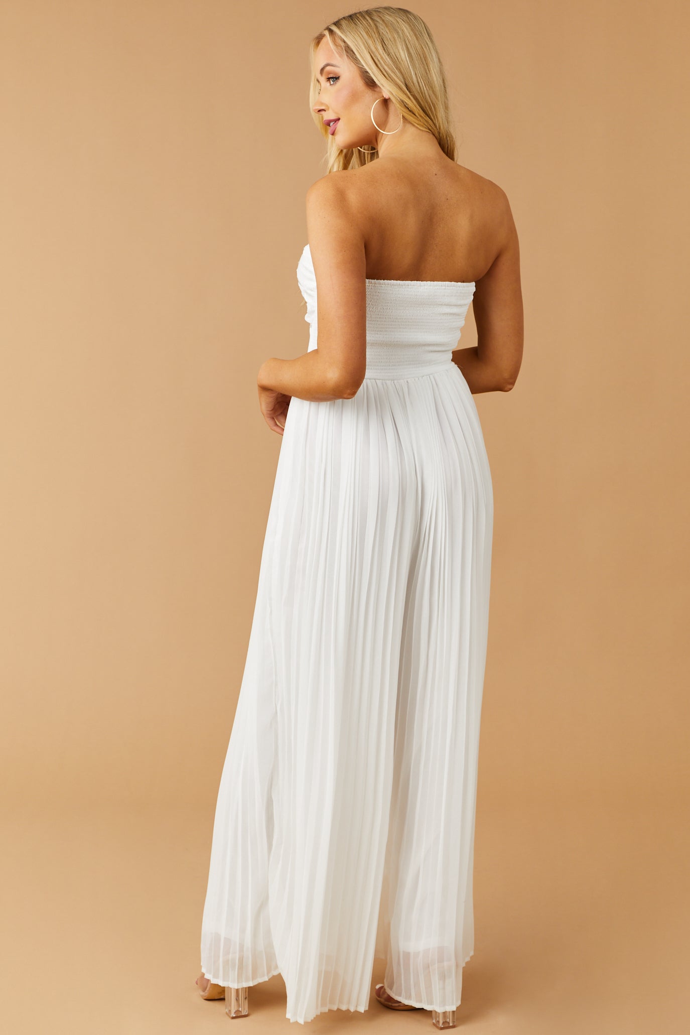 White Strapless Textured Polka Dot Pleated Jumpsuit