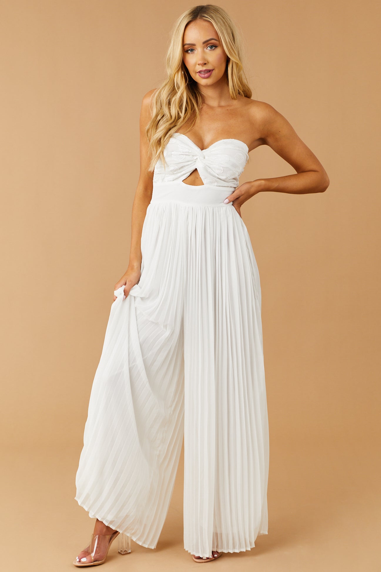 White Strapless Textured Polka Dot Pleated Jumpsuit
