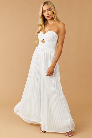 White Strapless Textured Polka Dot Pleated Jumpsuit