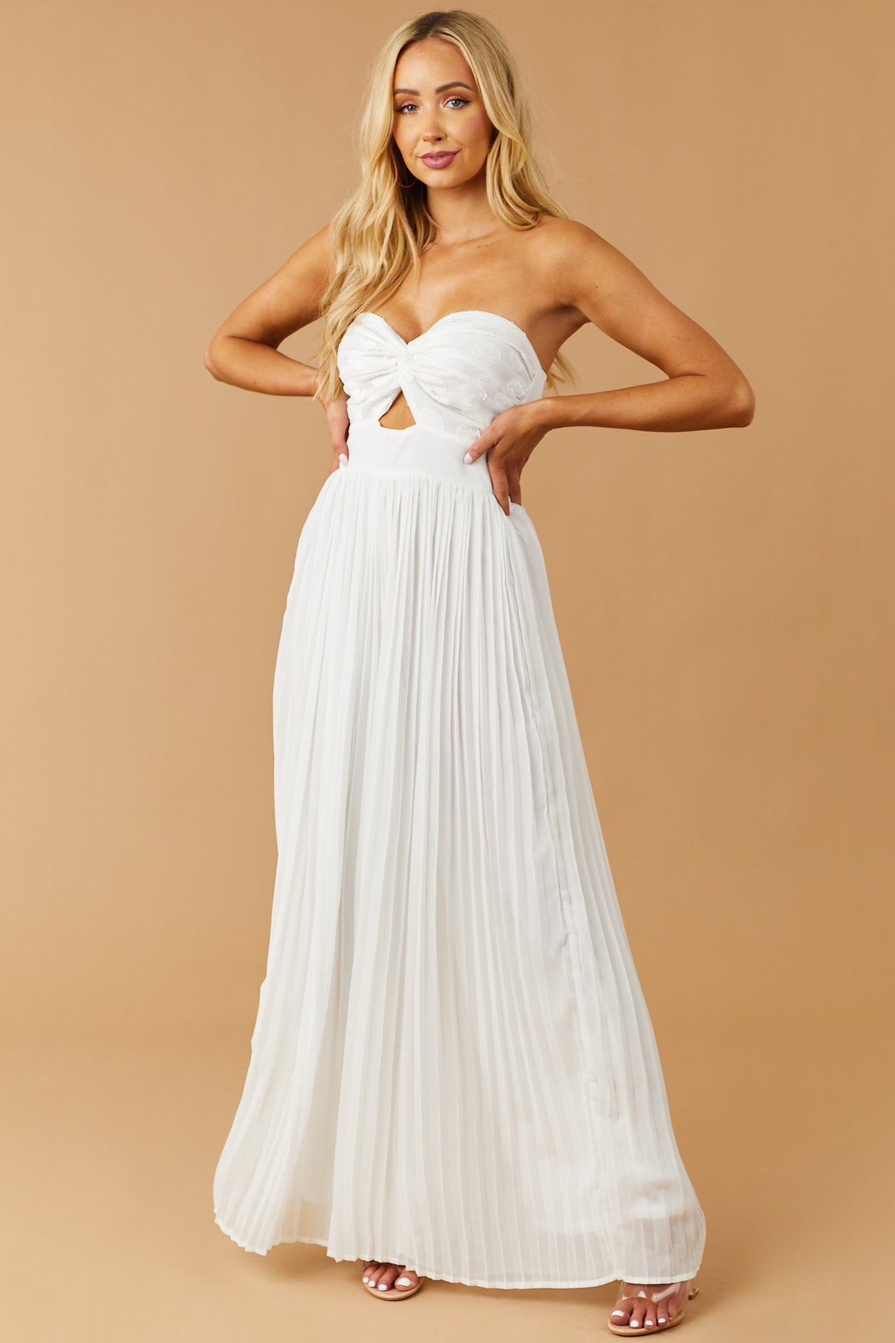 White Strapless Textured Polka Dot Pleated Jumpsuit