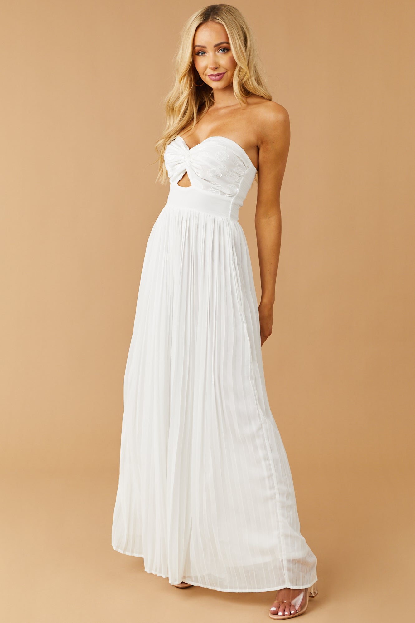 White Strapless Textured Polka Dot Pleated Jumpsuit