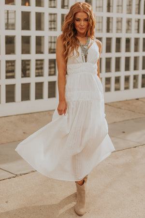 White Swiss Dot Plunge Neck Maxi Dress