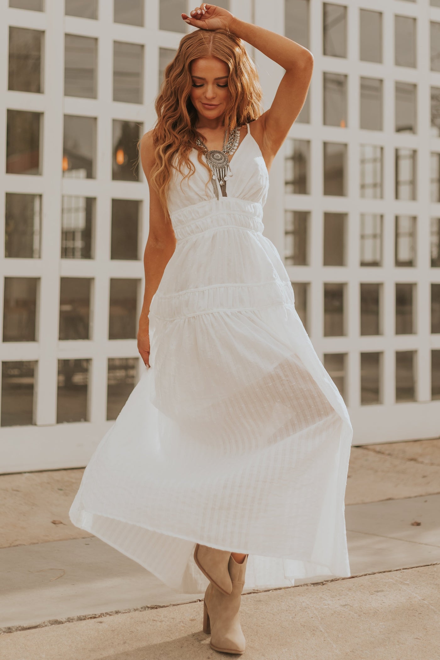 White Swiss Dot Plunge Neck Maxi Dress