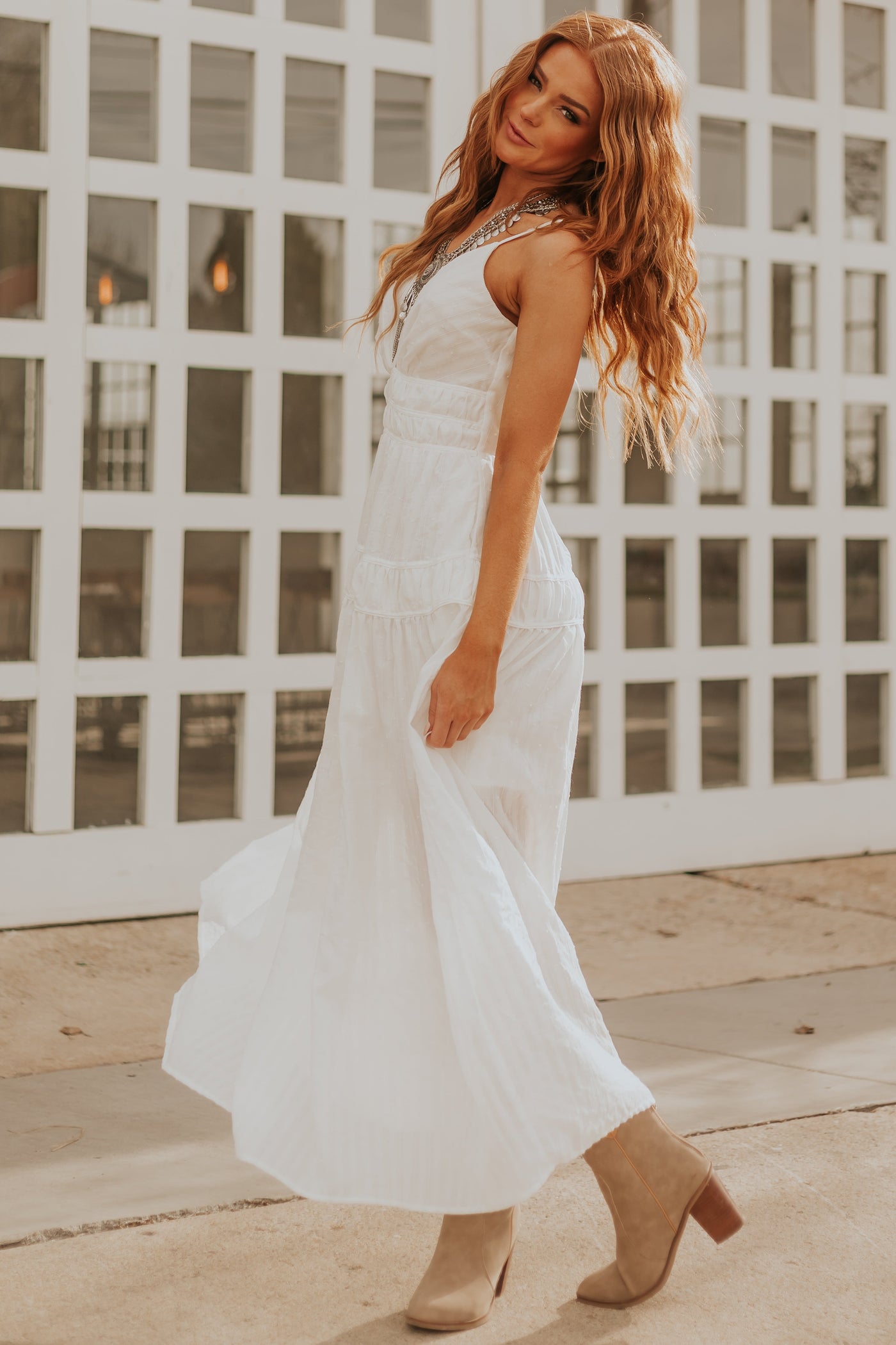 White Swiss Dot Plunge Neck Maxi Dress