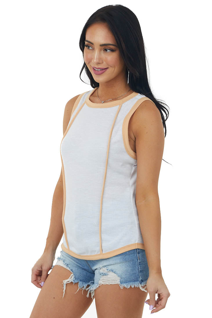 White Thermal Knit Tank Top with Amber Trim