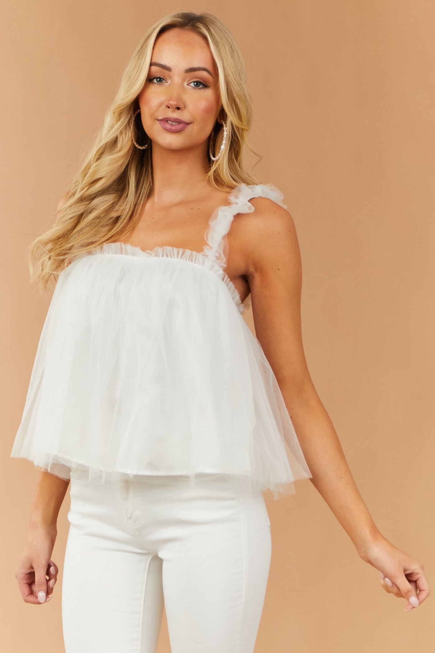 White Tulle Babydoll Frill Strap Woven Tank Top