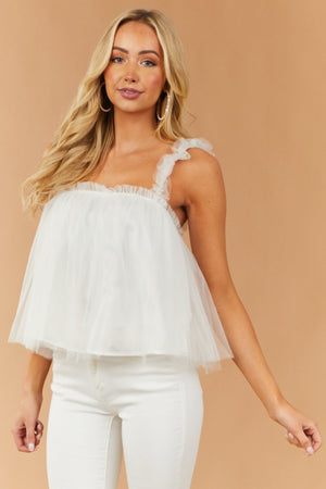 White Tulle Babydoll Frill Strap Woven Tank Top