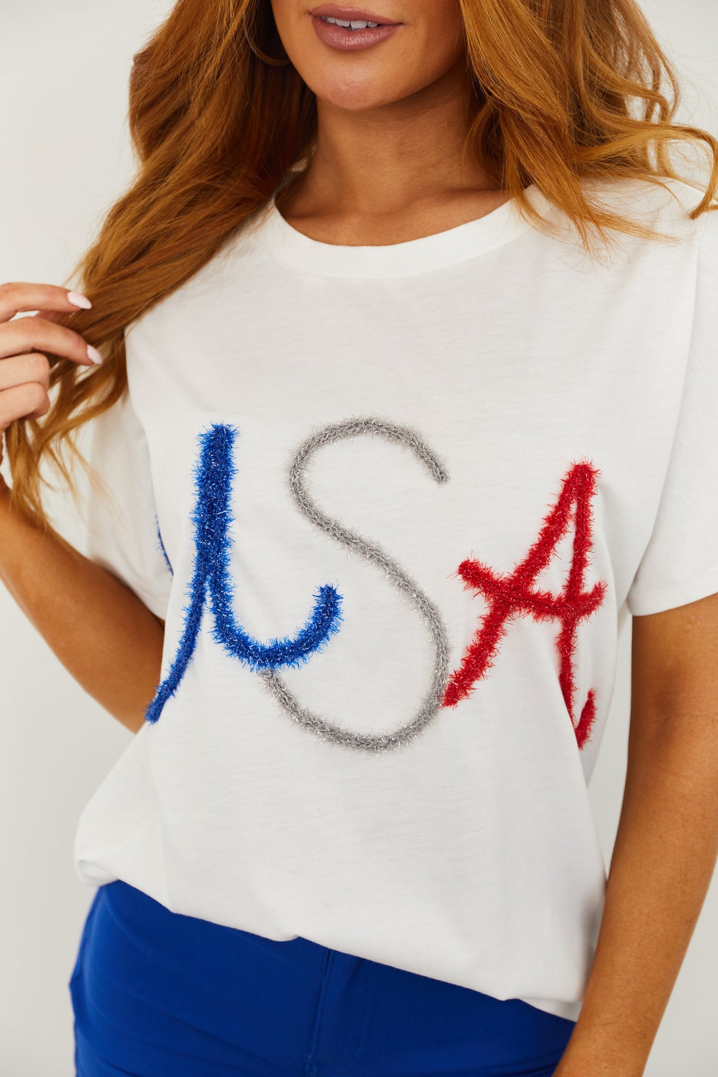 White USA Metallic Tinsel Short Sleeve Tee
