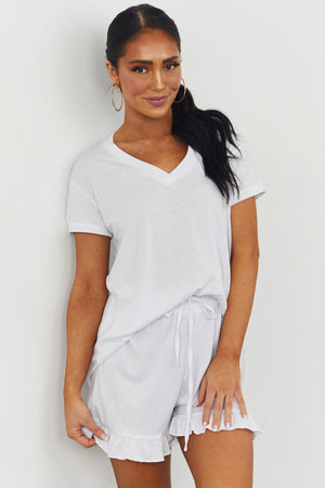 White V Neck Top and Shorts Pajama Set