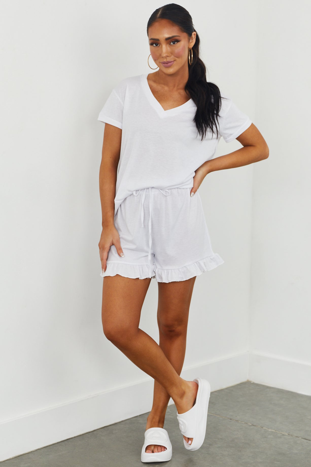 White V Neck Top and Shorts Pajama Set