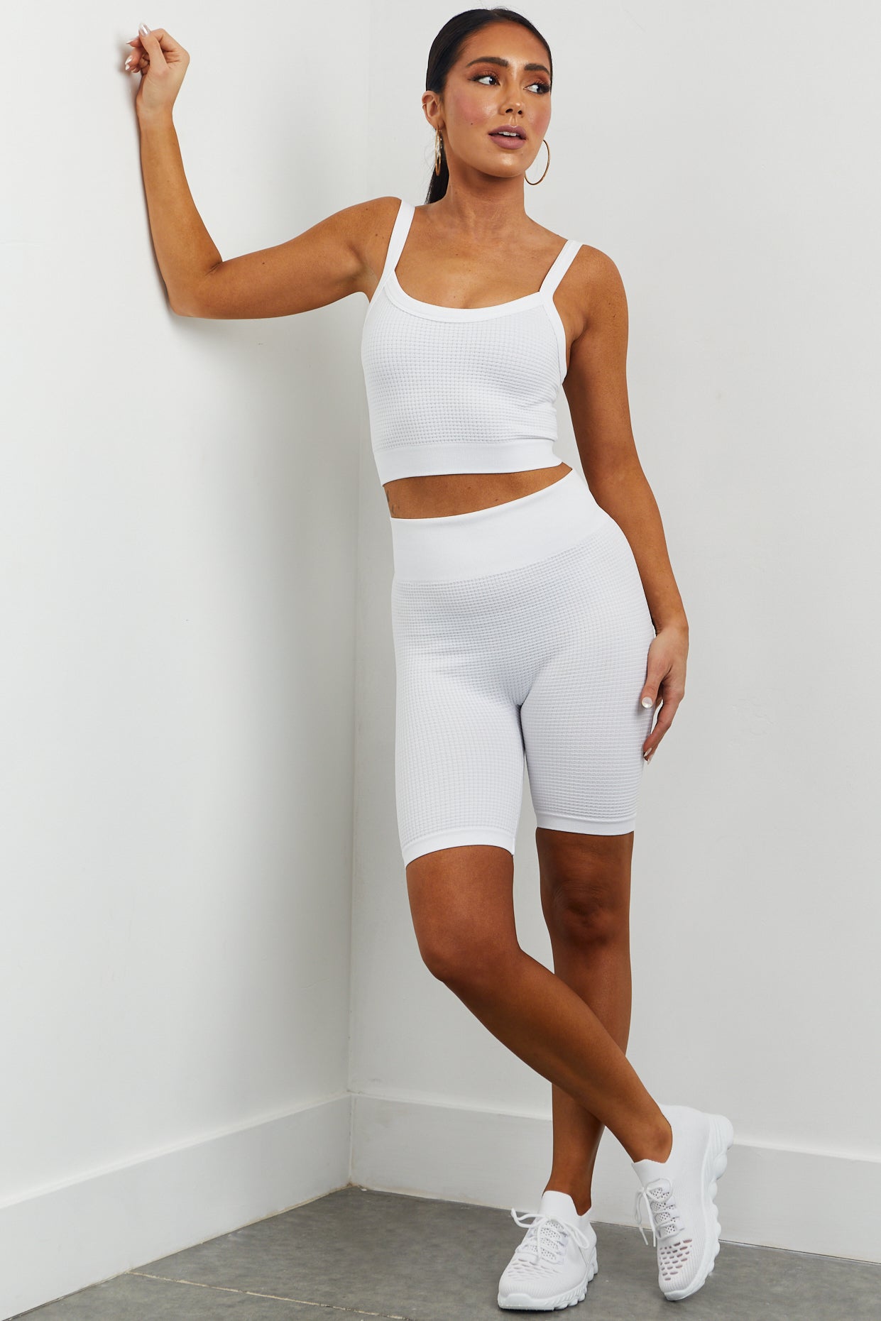 White Waffle Knit Biker Shorts and Top Set