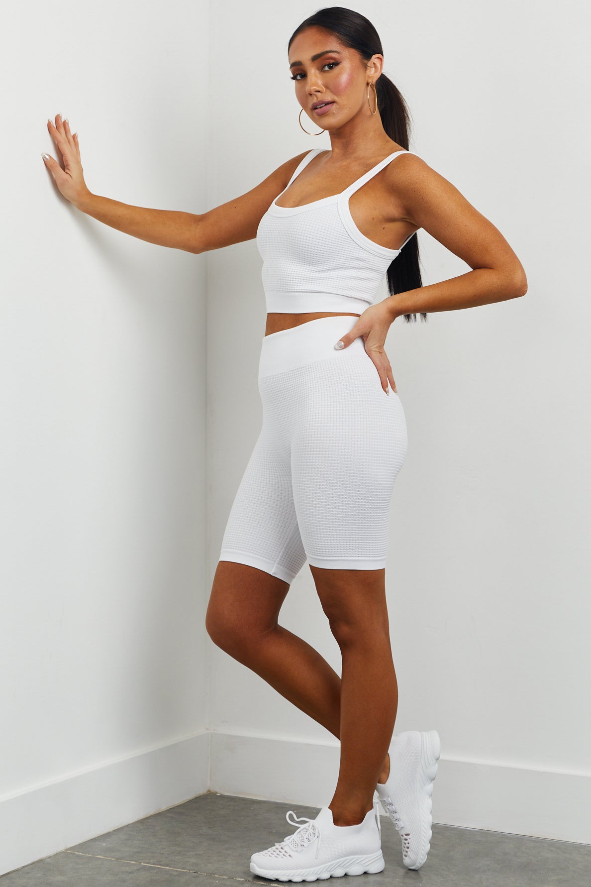 White Waffle Knit Biker Shorts and Top Set